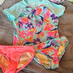 Lands' End Kids Swim Rashguard - Aqua and Pink Floral